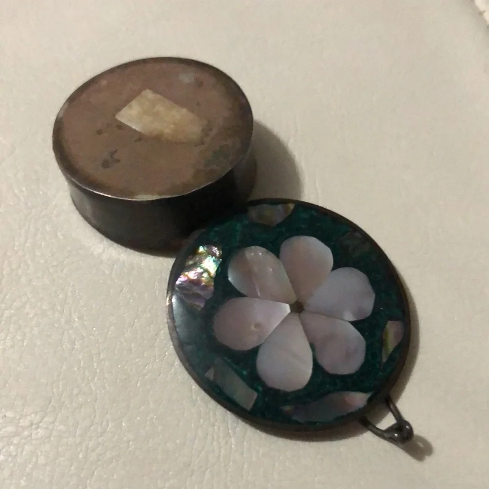 Handmade Vintage Mini Metal Tin-Abalone Inlay Cover Detail